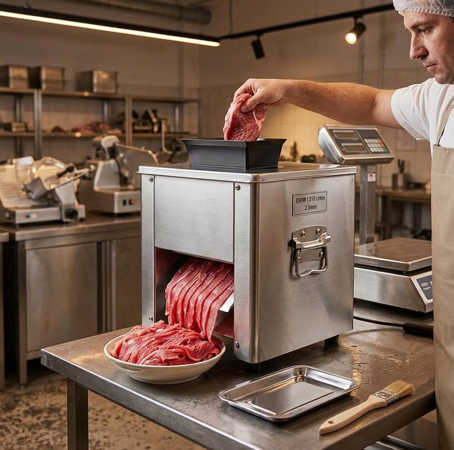 EQCOTWEA meat slicer processing pork in butcher shop